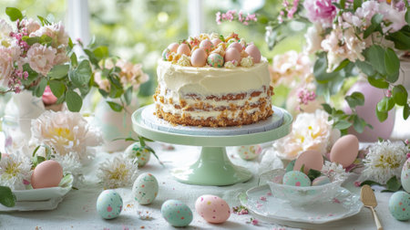 Elegant easter dessert table with traditional cake and decorated eggs amidst fresh spring flowers.