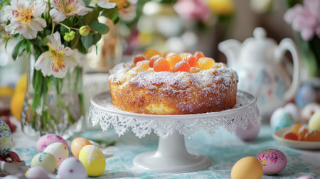Traditional italian easter dessert table with decorated eggs and floral arrangement - celebration of...