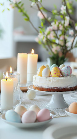Bright modern easter table setting with simple cake and candles - concept of festive celebration and...