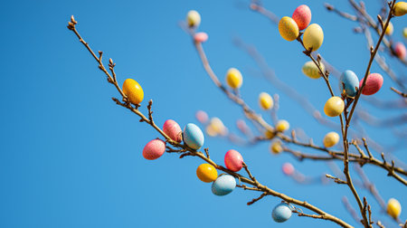 Vibrant outdoor easter tree with colorful eggs against a clear blue sky, symbol of festive spring...