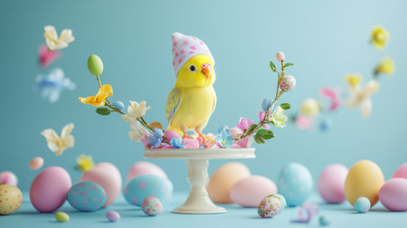 Bright yellow budgie parrot wearing miniature bunny hat surrounded by colorful easter eggs and...