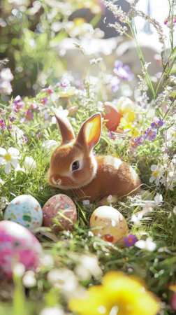 Brown bunny nestled in lush green grass amongst colorful easter eggs and wildflowers. Vertical.