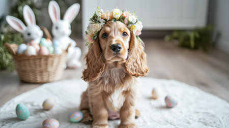 Cheerful cocker spaniel puppy dog with flower crown and easter eggs for spring celebration and pet...