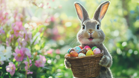 Cheerful easter bunny holding a wicker basket of colorful eggs in a vibrant spring garden.