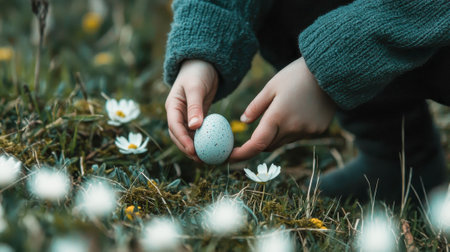 Caucasian child gathering easter egg in a flowering meadow. concept of spring traditions, outdoor...