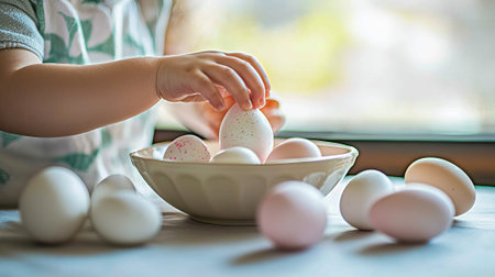 Child's hands dipping easter egg into pastel dye, concept of holiday craft, creativity, little artist.の写真素材