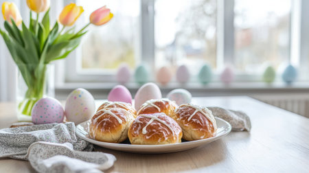 Cheerful easter breakfast table with tulips and pastries. concept of spring celebration, festive...
