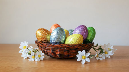 Colorful traditional chocolate easter eggs in woven basket on wooden table, surrounded by daisies.