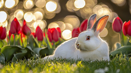 Adorable white bunny relaxing on lush green grass among vibrant red tulips at sunrise.の写真素材