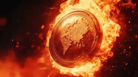 Digital Illustration of a Flaming Coin with World Map Design Concept of Cryptocurrency Volatility Economic Risk and Fiery Market Trends. Copy space.の写真素材