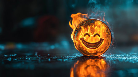 Burning Meme Coin in Vibrant Flames on Reflective Surface at Night. Concept of Cryptocurrency, Digital Economy, Crypto Speculation. Copy space.の写真素材