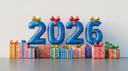 Festive 2026 Celebration with Colorful Wrapped Gifts Art. Concept of Christmas Joy, New Year...
