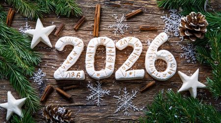 Festive Marshmallow Numbers Forming 2026 on Rustic Wooden Table. Concept of Christmas Decor, Holiday Celebration, Winter Festivities.の写真素材
