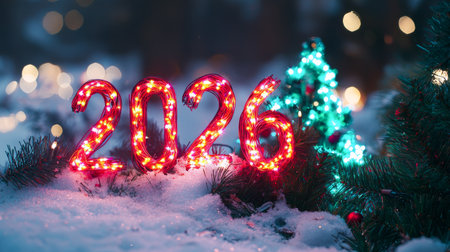 Festive Christmas 2026 in Snowy Landscape with Illuminated Decorations. Concept of Holiday Spirit,...
