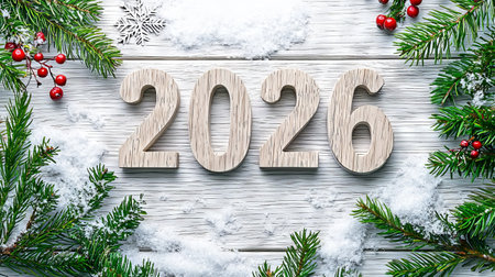 Wooden 2026 Numbers on Snowy Christmas Background with Pine Branches and Red Berries. Concept of Holiday Celebration, Festive Season, Winter Decor.の写真素材