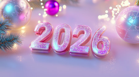 Shimmering 2026 Christmas Art with Holographic Ornaments and Festive Branches. Concept of Holiday...