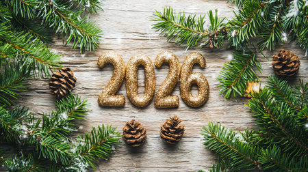 Glittering Gold 2026 with Pine Cones and Evergreen Branches on Wooden Background. Concept of New...