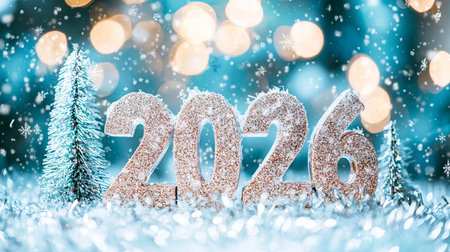 Sparkling 2026 Text with Icy Winter Background and Snowy Trees. Concept of New Year Celebration, Festive Atmosphere, Holiday Spirit.の写真素材