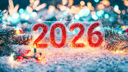 Festive Frosted Glass with 2026 in Vibrant Red Amid Sparkling Holiday Lights. Concept of New Year...