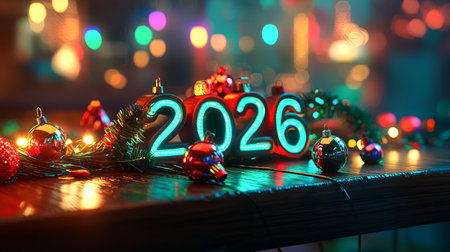 Festive Christmas 2026 Scene with Colorful Baubles and Lights: Concept of Holiday Spirit, Festivity,...