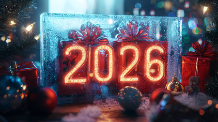 Festive 2026 Christmas Setting with Glowing Decorations and Presents Concept of Holiday Warmth and Celebration Cheer Joyful Atmosphere.の写真素材