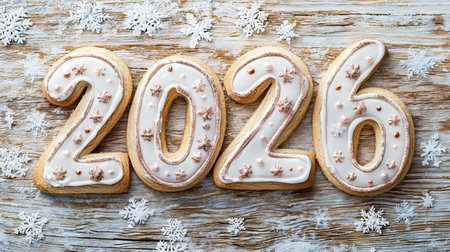Festive Cookies Shaped as 2026 with Snowflakes on Rustic Wood. Concept of Holiday Celebration, New...