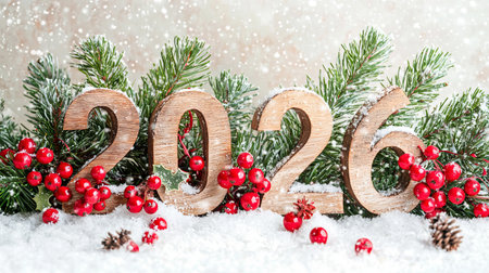 Festive Wooden 2026 with Snowy Pine and Red Berries. Concept of Christmas, New Year Celebration, Winter Holiday Cheer.の写真素材