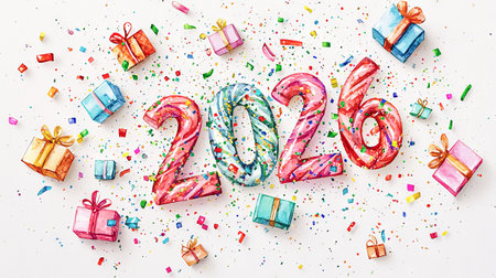 Festive Watercolor Illustration of 2026 with Colorful Gift Boxes and Confetti. Concept of New Year Celebrations, Gift Giving, Holiday Spirit.の写真素材