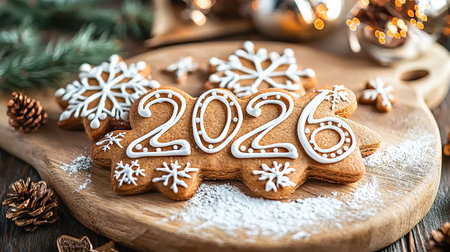 Festive Gingerbread Display with 2026 in Icing Surrounded by Snowflakes. Concept of Holiday Spirit,...