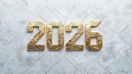 Bold Golden 2026 on Symmetrical Background. Concept of New Year Celebration, Festive Decor, Elegant...