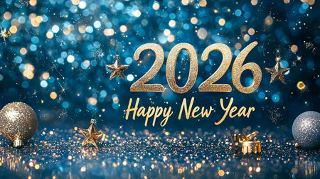 Illuminated Bold Golden Numbers 2026 with Festive Background. Concept of New Year Celebration,...