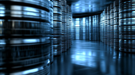 Futuristic Vault Interior Filled with Stacks of Digital Currency. Concept of Cryptocurrency, Finance...
