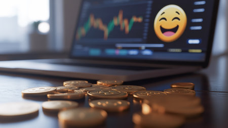 Crypto Investing and Memes. Golden Coins and a Happy Emoji Near a Stock Chart. Concept of...