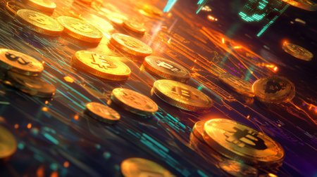Vibrant Digital Illustration of Cryptocurrency Coins and Memes. Concept of Financial Innovation, Digital Currency, Online Investment Trends.の写真素材
