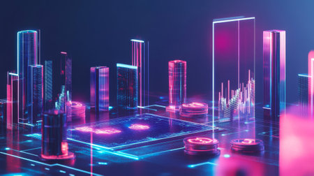 Futuristic Digital Cityscape with Neon Lights and coins Concept of Cryptocurrency Market, Technological Innovation, Digital Economy Evolution. Copy space.の写真素材