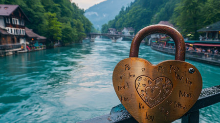 Close-up of Heart Padlock Engraved with Names on Bridge Over Scenic River Concept of Eternal Love Romance and Commitment in Beautiful Natural Setting. Valentine's Day. Copy space.の写真素材
