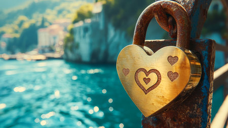 Close-up of a Heart Shaped Padlock with Engraved Names Overlooking Scenic Waterfront. Concept of Love, Commitment, Scenic Romance, Lasting Relationships. Valentine's Day. Copy space.の写真素材
