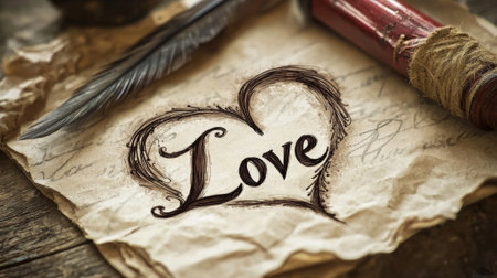 Elegant calligraphy of the word Love forming a romantic heart shape. Concept of romance, passionate expression, and artistic affection. Ideal for Valentine's Day, love letter themes.の写真素材