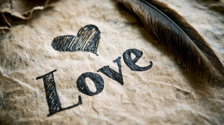 Elegant Calligraphy of the Word Love with a Heart Design and Feather Accent Concept of Romance, Artistic Expression, and Handcrafted Typography.の写真素材
