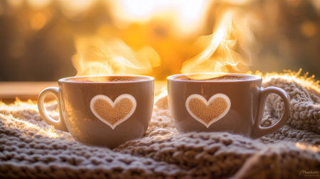 Cozy Morning Moment with Two Steaming Coffee Mugs Featuring Heart Designs Concept of Warmth, Love, and Comfort. Valentine's Day.の写真素材