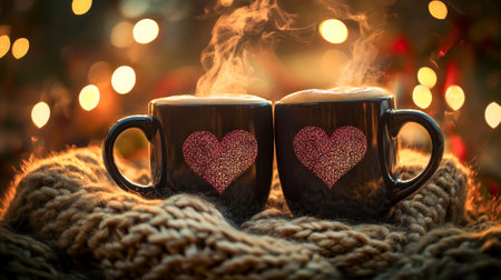 Romantic Cozy Scene with Two Steaming Coffee Mugs Featuring Heart Designs on a Knitted Blanket. Concept of Love, Warmth, Togetherness During the Holiday Season.の写真素材
