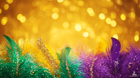 Vibrant Mardi Gras Masquerade Background with Glittering Feathers. Concept of Carnival Celebration, Festive Spirit, Colorful Party Decor. Copy space.の写真素材