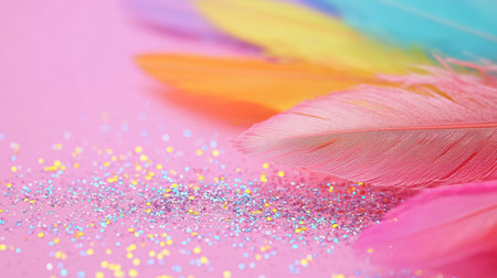 Colorful Carnival Feathers and Glitter on Pink Background Concept of Celebration, Festive Decor, Vibrant Party Atmosphere. Copy space.の写真素材