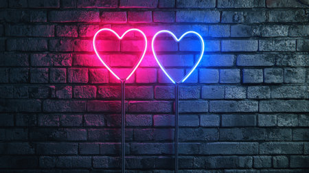 Neon Valentine's Day Background with Glowing Red and Blue Hearts. Concept of Romance, Love, and Festive Atmosphere. Copy space.の写真素材