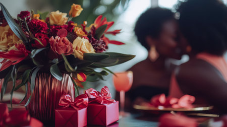 Romantic Moment Between Two African American Women with a Bouquet of Flowers and Gifts in the...