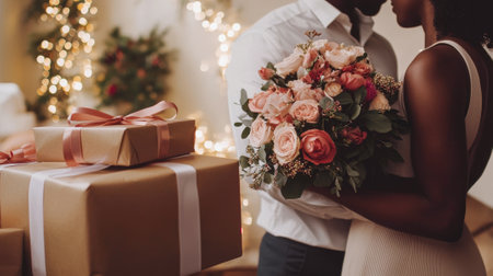 Romantic African American couple embracing with bouquet and gifts. Concept of Valentine's Day, love, romance, special moments.の写真素材