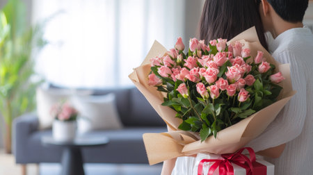 Romantic Asian couple embracing with a bouquet of pink roses Concept of Valentine's Day love romance and passion Celebration of affection and intimate connection. Copy space.の写真素材