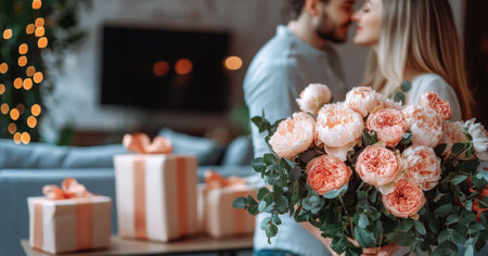 Romantic Caucasian couple embracing with pink roses and gift boxes on Valentine's Day. Concept of love, romance, special occasions, intimate moments, and holiday celebration.の写真素材