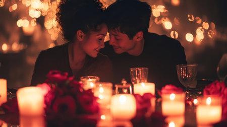 Romantic Asian couple enjoying a candlelit dinner with roses in a warm, intimate setting. Concept of Valentine's Day, love, romance, and passion. Cozy atmosphere with bokeh lights.の写真素材