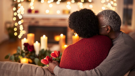 Elderly African American Couple Embracing in a Cozy Candlelit Room. Concept of Romantic Love, Intimacy, Warmth during Valentine's Day Celebration. Copy space.の写真素材